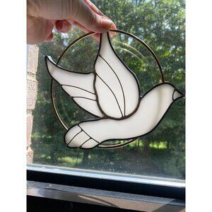 Stained Glass Dove Sun Catcher With Brass Circle Frame Handmade Bird Decor I nch